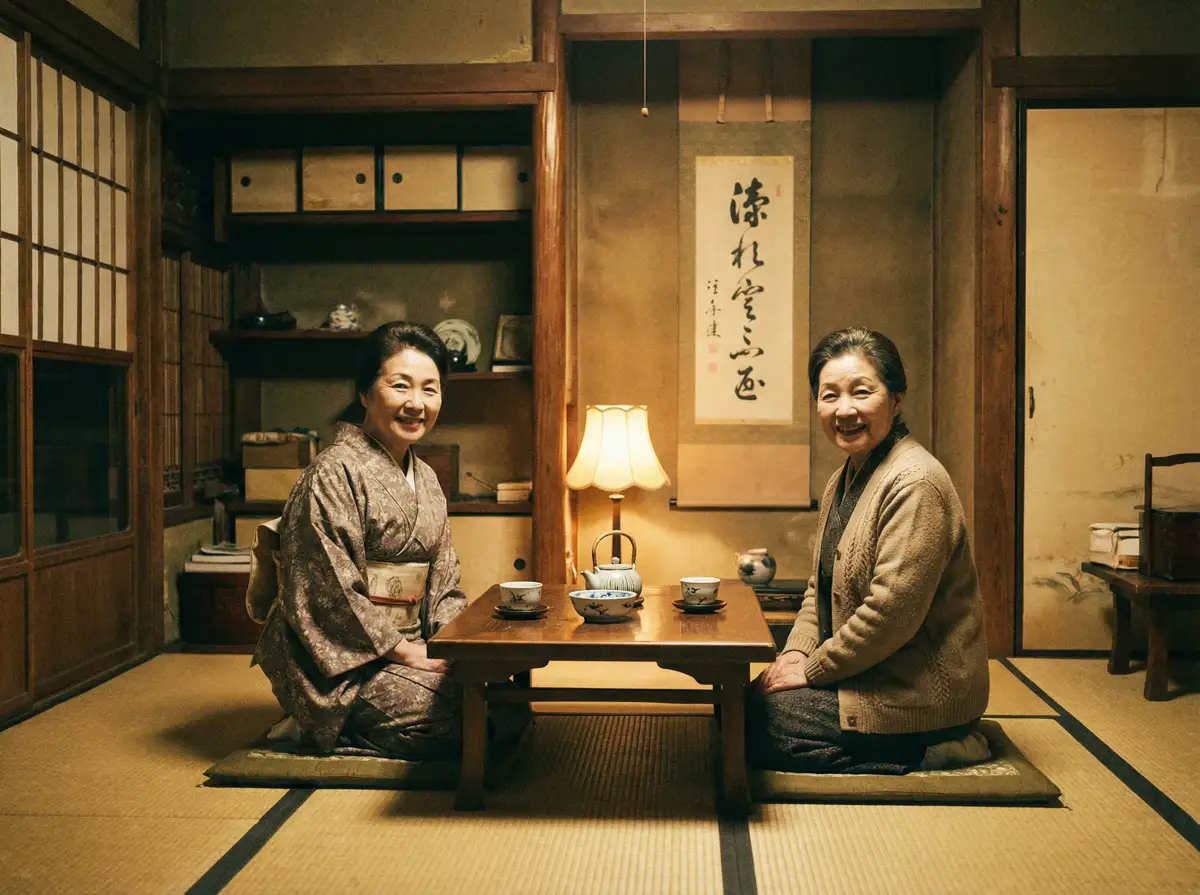 两位优雅的 MK体育 在日式茶室中品茶交谈